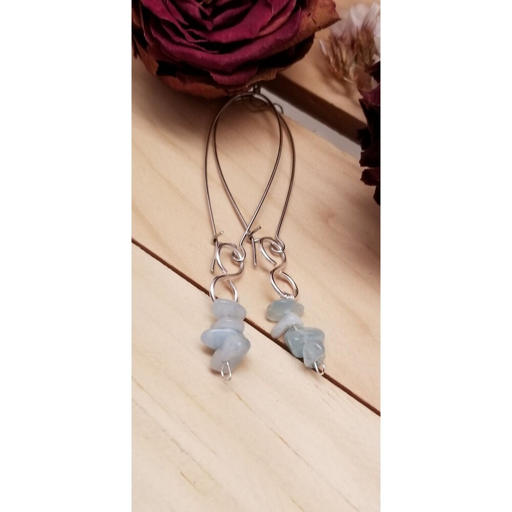 Handmade Aquamarine Chip Earrings Long Wire Dangle Minimalist Boho Jewelry